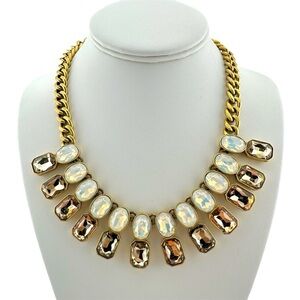 J. Crew Pink & Opalescent Crystal Statement Necklace w Antique Gold Tone Chain